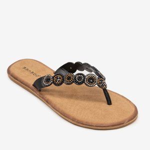 Bamboo Women Vintage Chic Beads Thong Summer Sandals - Black